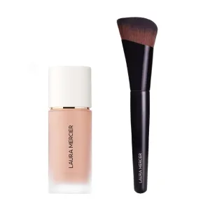 Laura Mercier Real Flawless Weightless Perfecting Waterproof Liquid Foundation: Medium-Buildable Coverage, 12 HR Fade-Proof Wear, Hydrating, Non-Comedogenic, 2C2 Soft Sand   Foundation Brush Bundle