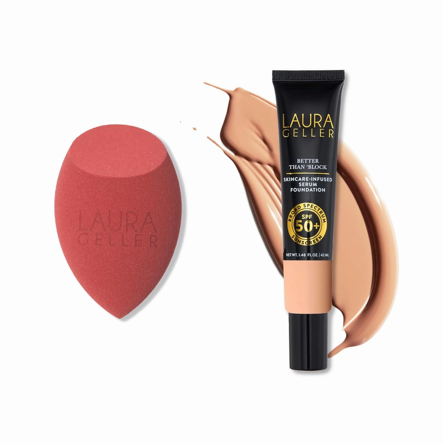 LAURA GELLER Seamless Skin Kit - Better Than 'Block Skincare-Infused Serum Foundation with SPF 50 Broad Spectrum Protection, Light   Latex-Free Full Face Makeup Blending Sponge