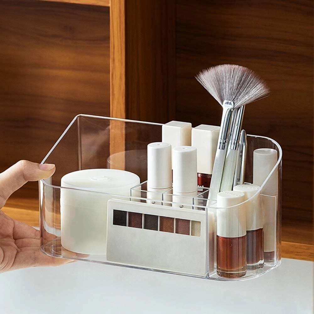 LINFIDITE 2 Pack Bathroom Cabinet Cosmetic Storage Makeup Organizer Tray with 9 Compartments 2 Removable Dividers Lipgloss Organizer Makeup Display Tray Case for Beauty Essentials Crystal Clear
