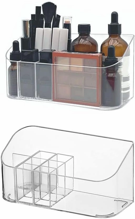 LINFIDITE 2 Pack Bathroom Cabinet Cosmetic Storage Makeup Organizer Tray with 9 Compartments 2 Removable Dividers Lipgloss Organizer Makeup Display Tray Case for Beauty Essentials Crystal Clear
