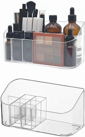 LINFIDITE 2 Pack Bathroom Cabinet Cosmetic Storage Makeup Organizer Tray with 9 Compartments 2 Removable Dividers Lipgloss Organizer Makeup Display Tray Case for Beauty Essentials Crystal Clear