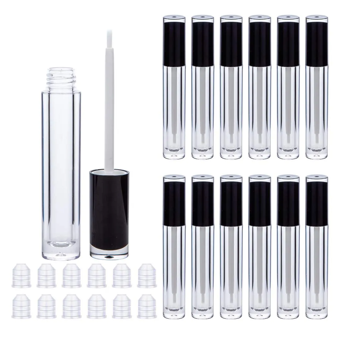 Lip Gloss Brush Wand Tubes Empty, 12 Pack 5ml Lip Gloss Containers with Wand, 12 Black Lip Gloss Tubes with Rubber Stoppers for DIY Lip Gloss Balm (Black)