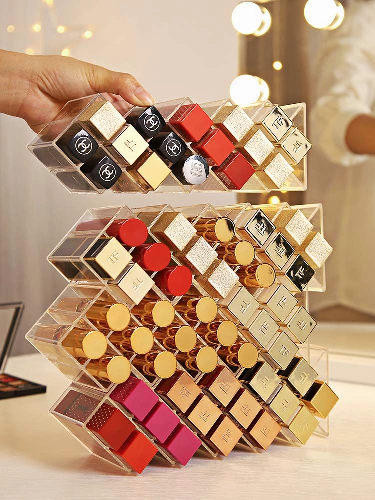 Lipstick Holder Organizer 64 Spaces Acrylic Stackable Fish Shape Lipstick Tower, Lip Gloss Storage Stand, Perfect for Lipgloss Organizers Makeup Vanity Display, Clear (4 Pack)