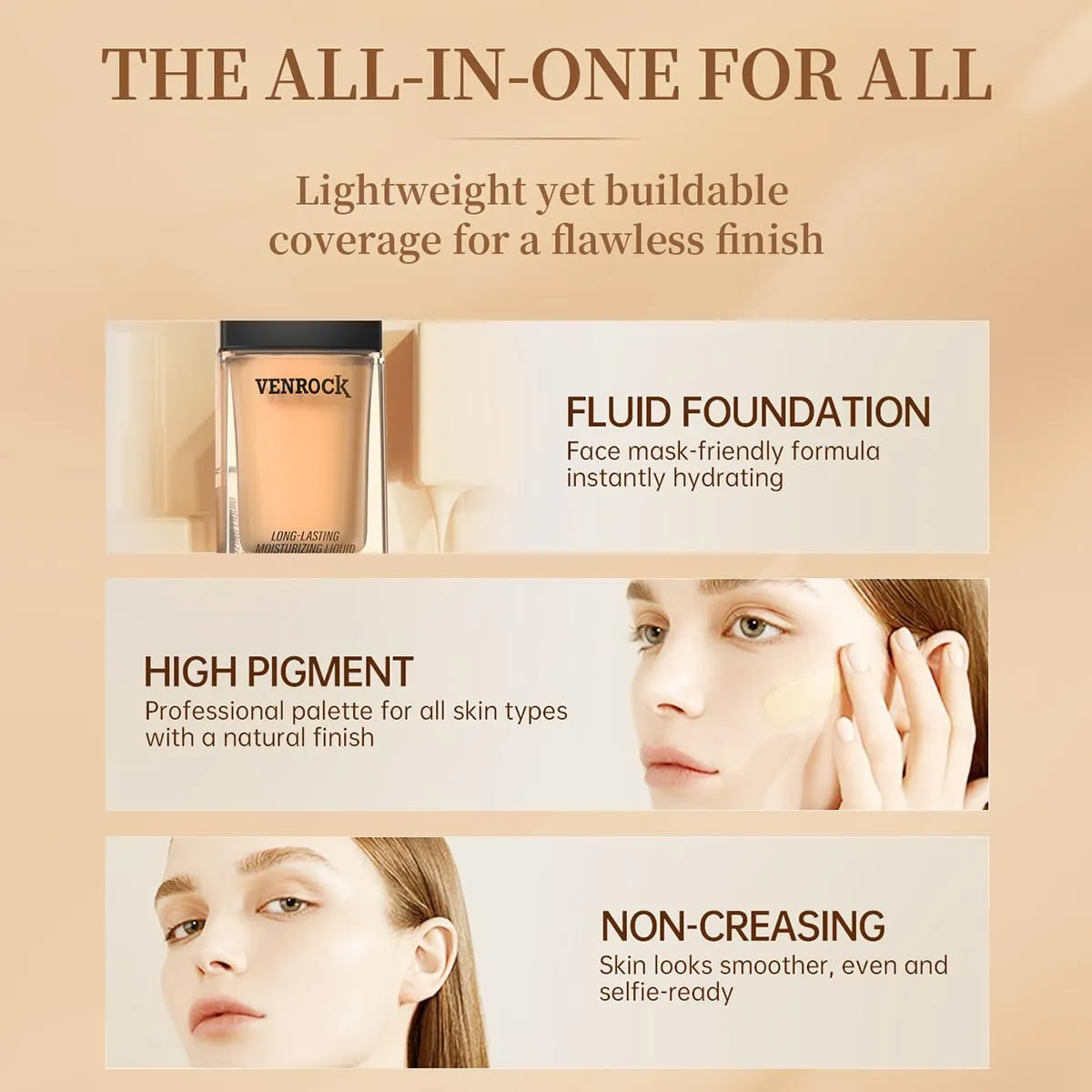 Long-Lasting Moisturizing Liquid Foundation, Waterproof, Concealer with Brightening Effect (02# Beige, 30ml)