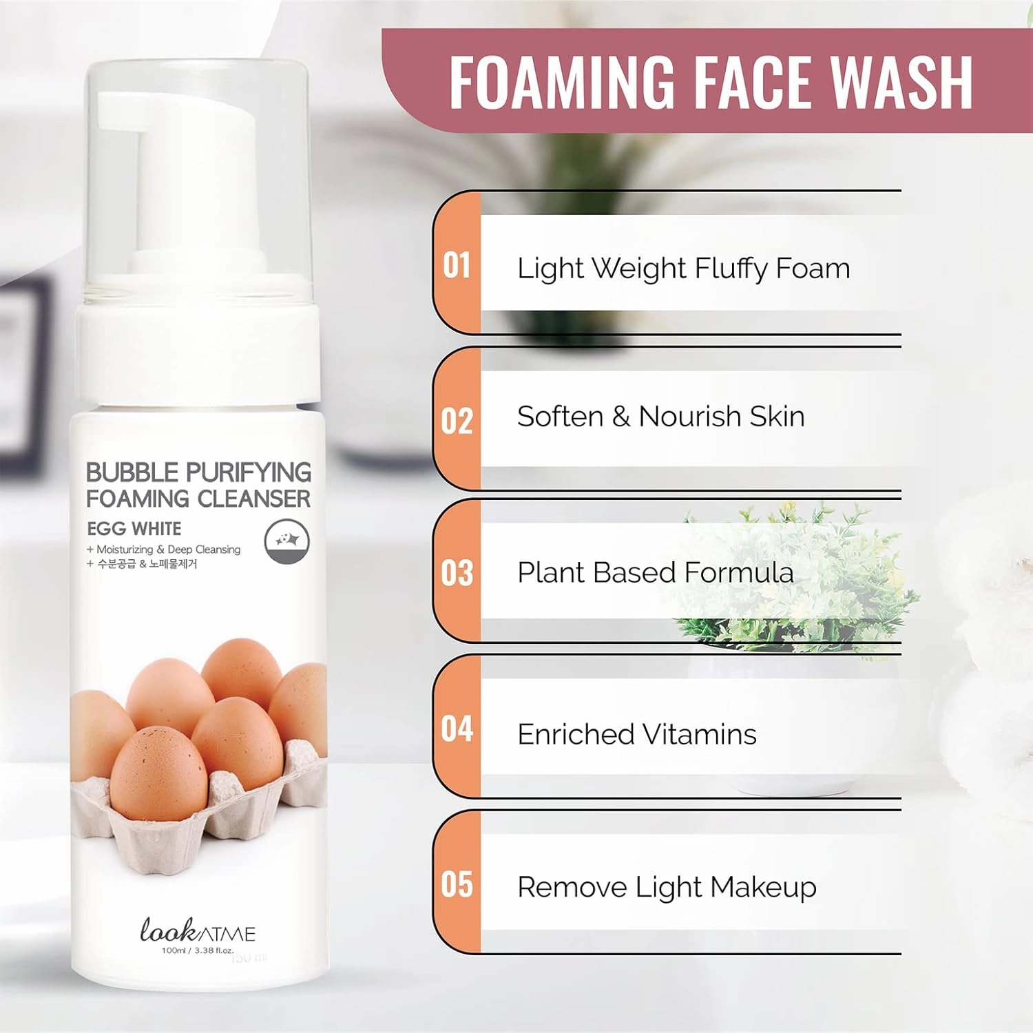 LOOKATME Korean Face Wash for Sensitive Skin - Water Based Bubble Skincare Cleanser - K Beauty Natural Acne Foaming Cleaner - Hydrating Skin Care Cleansing Foam with Low pH - Egg