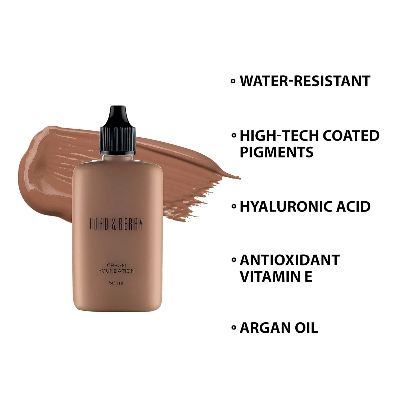 Lord & Berry CREAM FOUNDATION Fluid Foundation, Long Lasting Waterproof Coverage Foundation Enriched With Vitamin E and Argon Oil