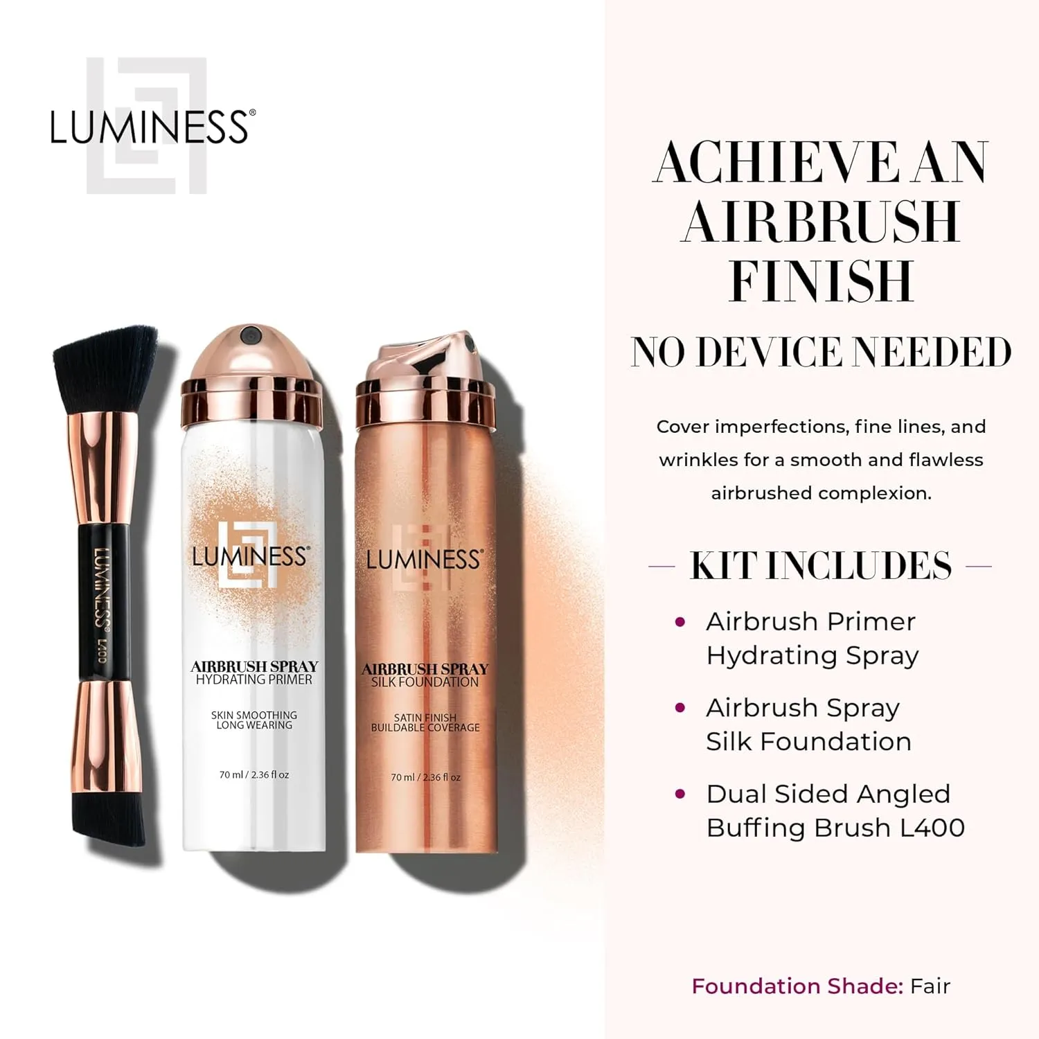 LUMINESS Airbrush Spray Silk Foundation Starter Kit - Fair - Foundation, Primer & Dual-Sided Angled Buffing Brush - Medium, Buildable Coverage, Anti-Aging Formula Hydrates & Moisturizes