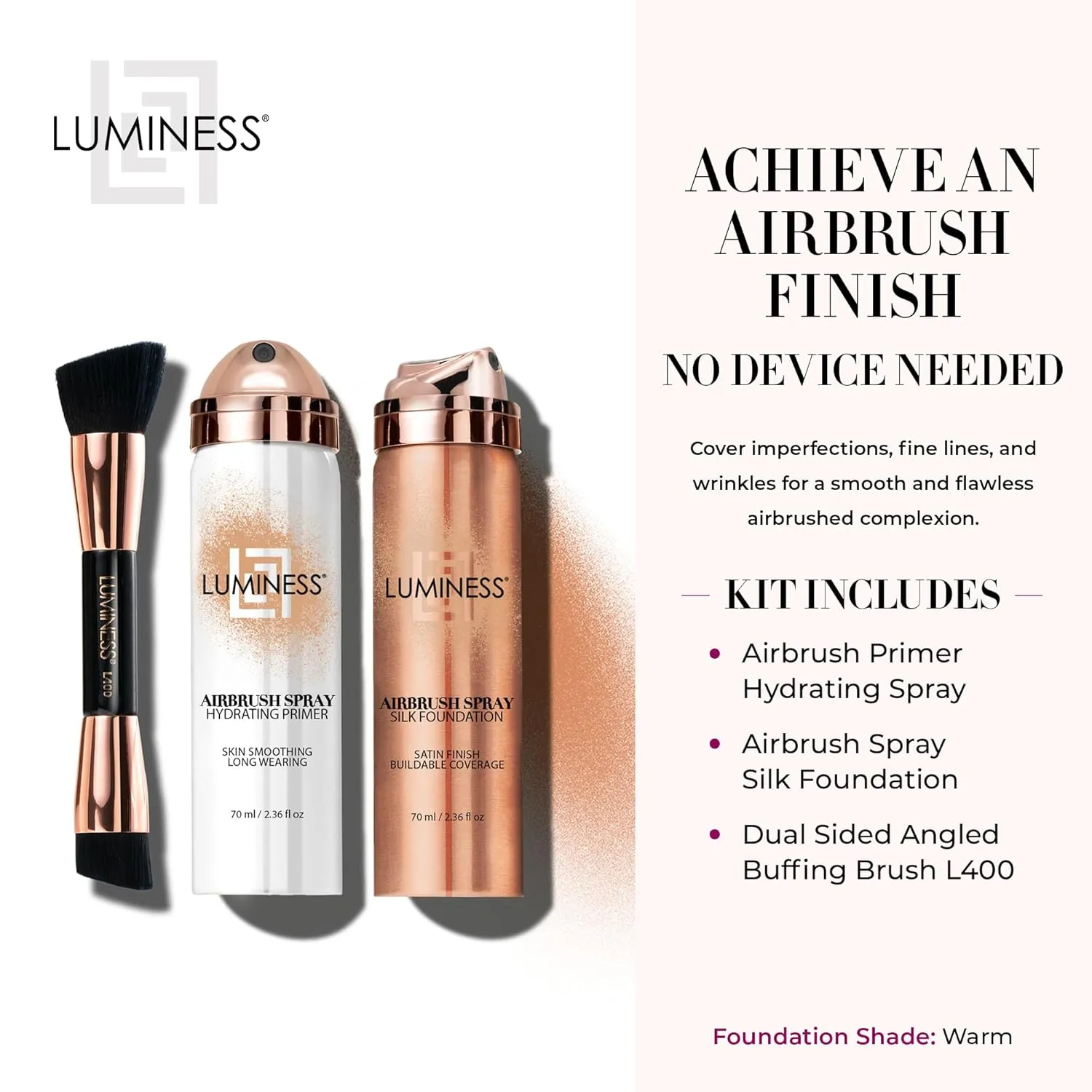 LUMINESS Airbrush Spray Silk Foundation Starter Kit - Warm - Foundation, Primer & Dual-Sided Angled Buffing Brush - Medium, Buildable Coverage, Anti-Aging Formula Hydrates & Moisturizes