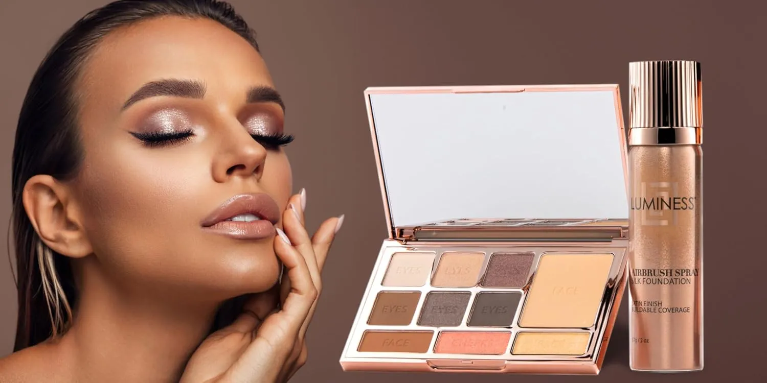 LUMINESS Face Time All In One Makeup Kit - Includes Face Palette, Airbrush Foundation, and Makeup Brush - Long-Wearing, Silky, Soft, Easy to Blend, 3-PC Make Up Set (04 - Medium)