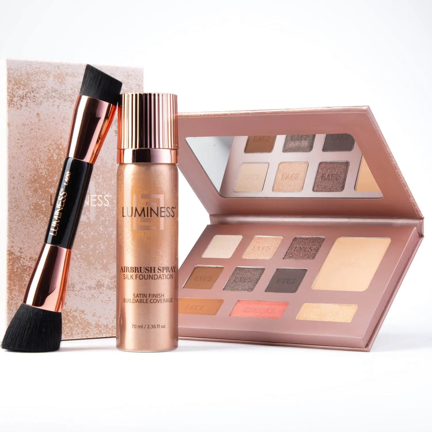 LUMINESS Face Time All In One Makeup Kit - Includes Face Palette, Airbrush Foundation, and Makeup Brush - Long-Wearing, Silky, Soft, Easy to Blend, 3-PC Make Up Set (04 - Medium)