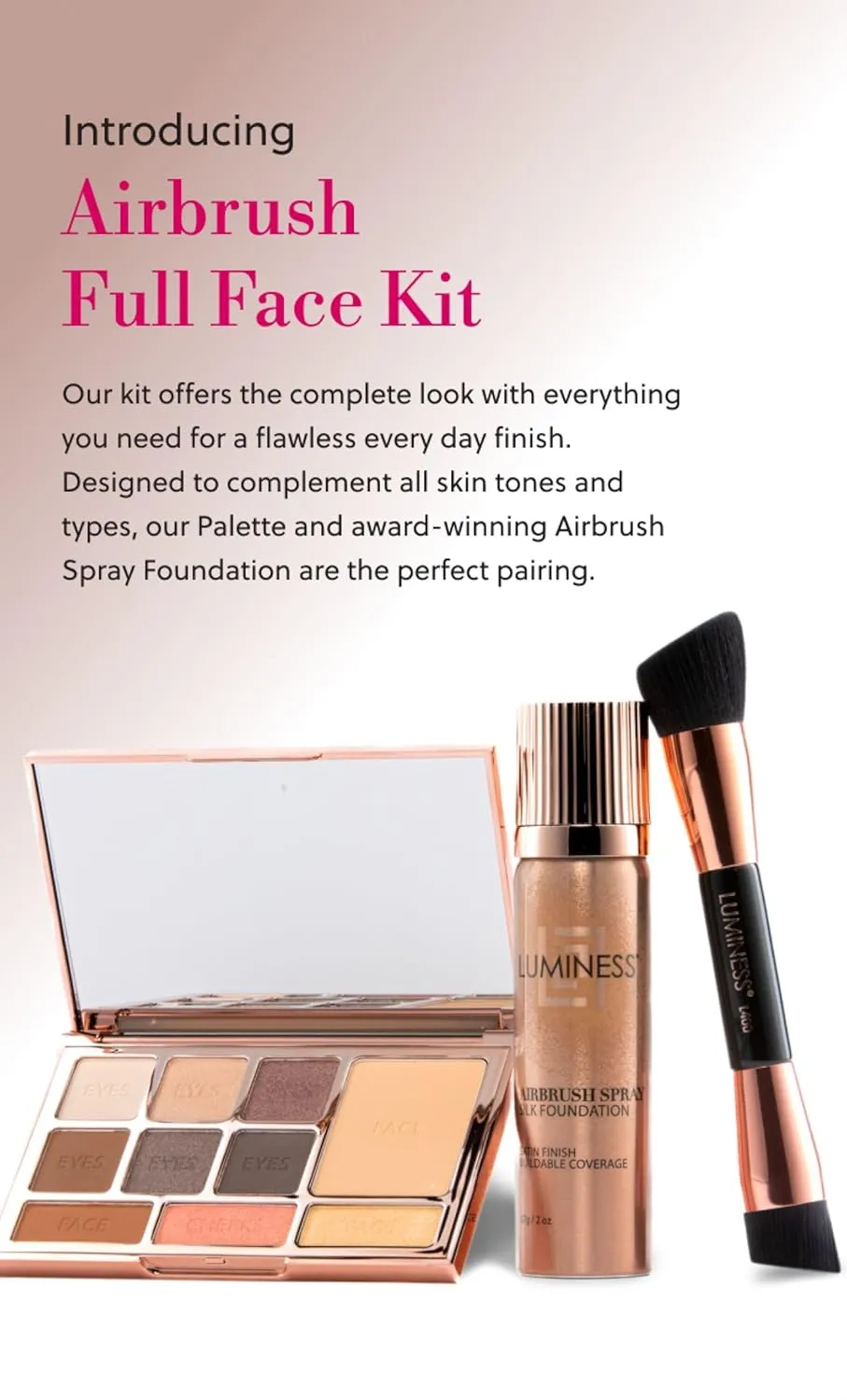 LUMINESS Face Time All In One Makeup Kit - Includes Face Palette, Airbrush Foundation, and Makeup Brush - Long-Wearing, Silky, Soft, Easy to Blend, 3-PC Make Up Set (04 - Medium)