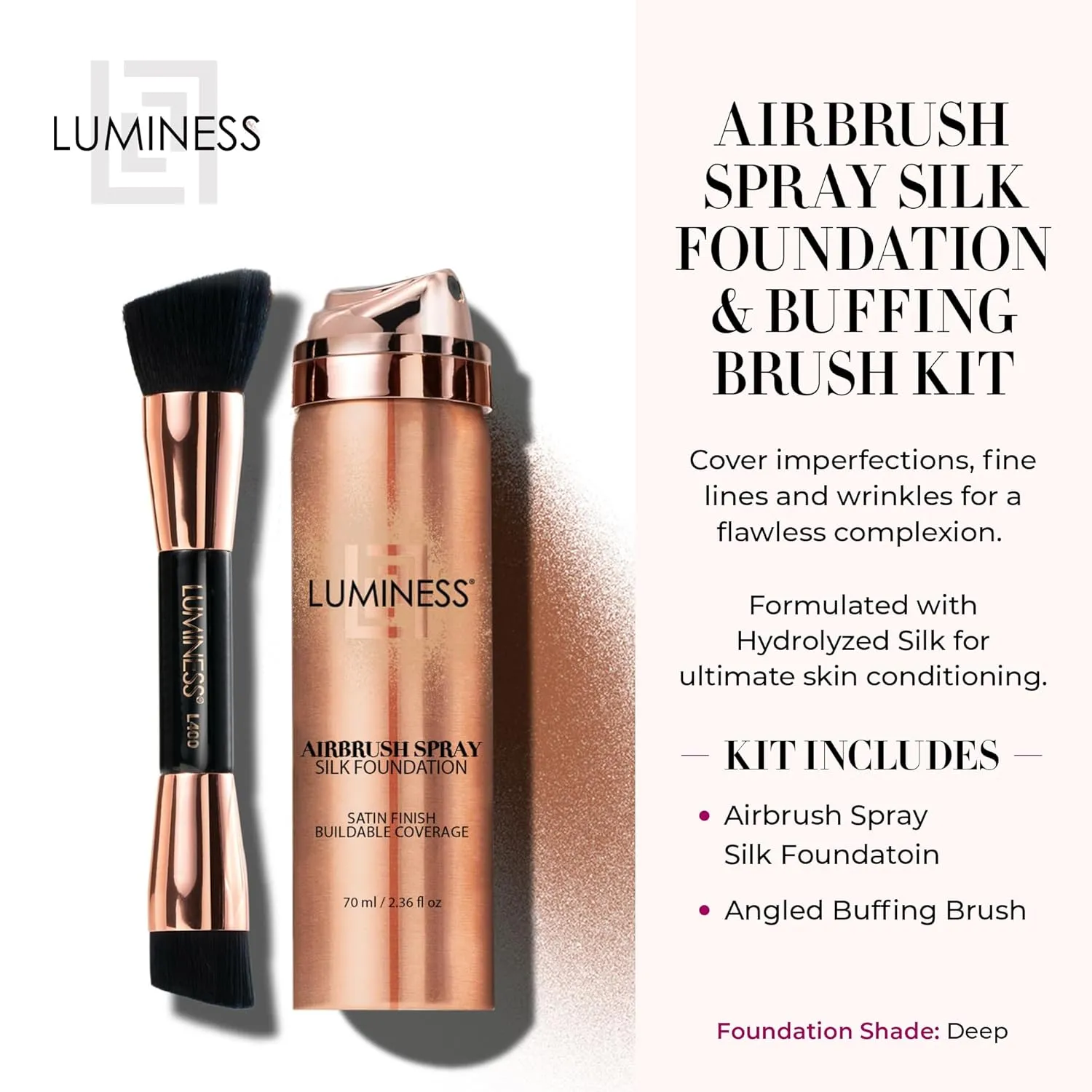 LUMINESS Silk Airbrush Spray Foundation & Buffing Brush Kit – Full Coverage Foundation & Dual-Sided Buffing Brush - Buildable Coverage, Anti-Aging Formula Hydrates & Moisturizes (Shade - Deep)
