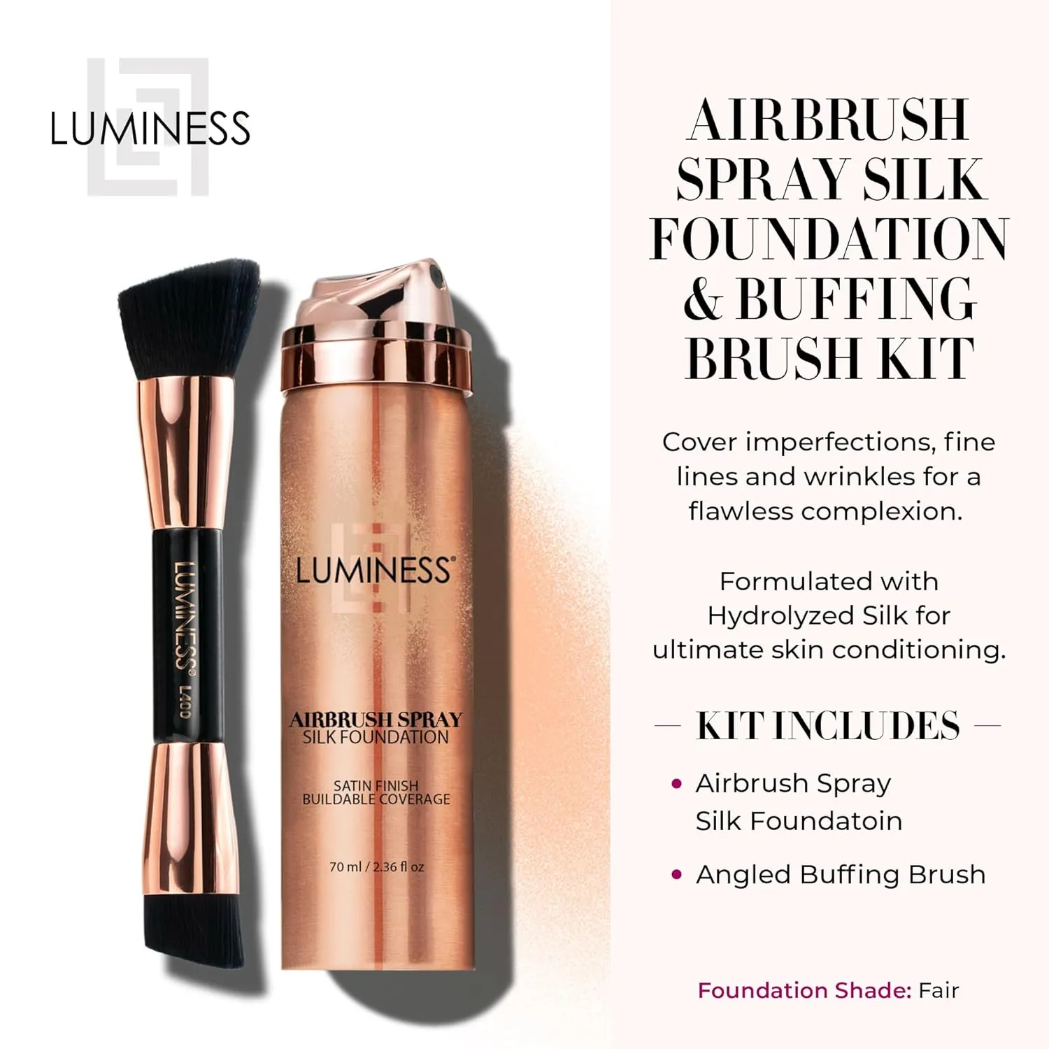 LUMINESS Silk Airbrush Spray Foundation & Buffing Brush Kit – Full Coverage Foundation & Dual-Sided Buffing Brush - Buildable Coverage, Anti-Aging Formula Hydrates & Moisturizes (Shade - Fair)