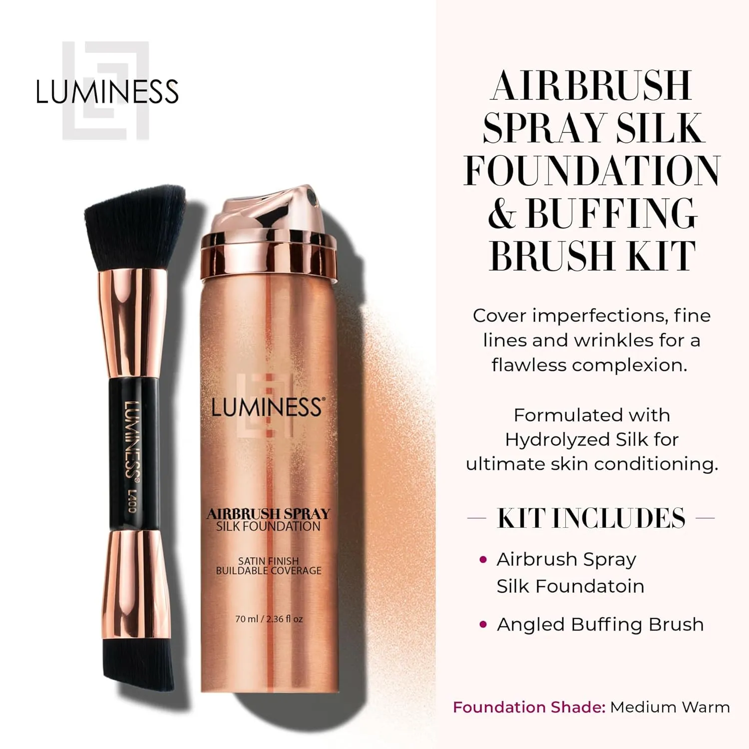 LUMINESS Silk Airbrush Spray Foundation & Buffing Brush Kit – Full Coverage Foundation & Dual-Sided Buffing Brush - Buildable Coverage, Anti-Aging Formula Hydrates & Moisturizes (Shade - Medium Warm)