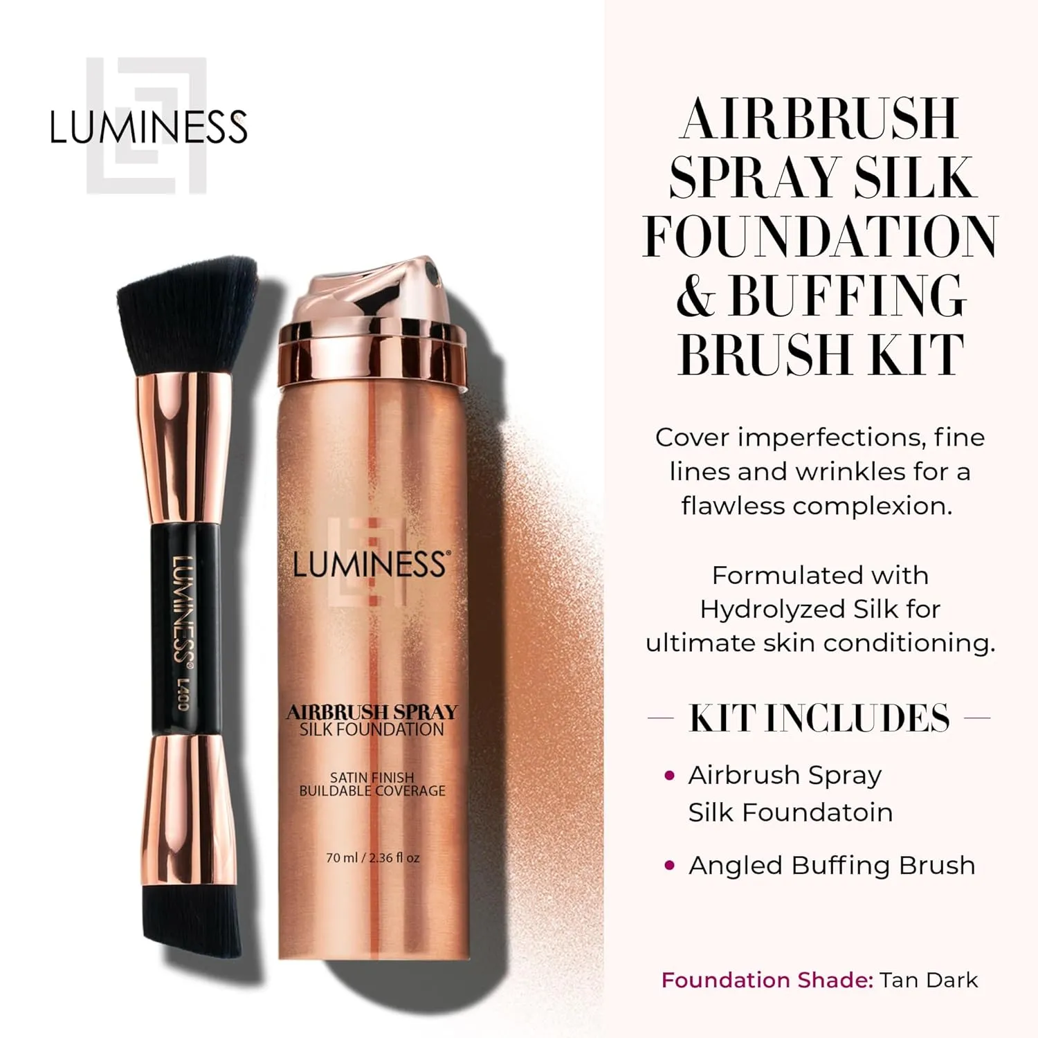LUMINESS Silk Airbrush Spray Foundation & Buffing Brush Kit – Full Coverage Foundation & Dual-Sided Buffing Brush - Buildable Coverage, Anti-Aging Formula Hydrates & Moisturizes (Shade - Tan Dark)