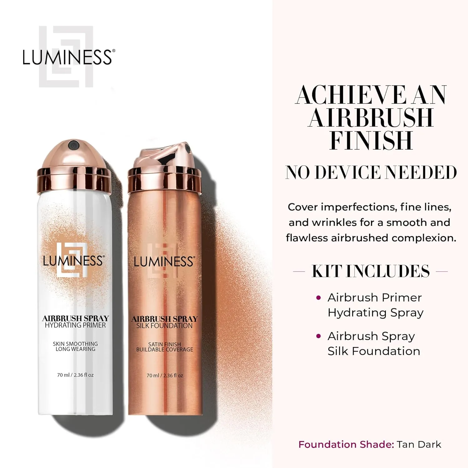 LUMINESS Silk Airbrush Spray Foundation & Primer Kit - Full Coverage Foundation, Anti-Aging Formula Hydrates & Moisturizes with Hyaluronic Acid, Aloe Vera & Hydrolyzed Silk (Shade - Tan Dark)