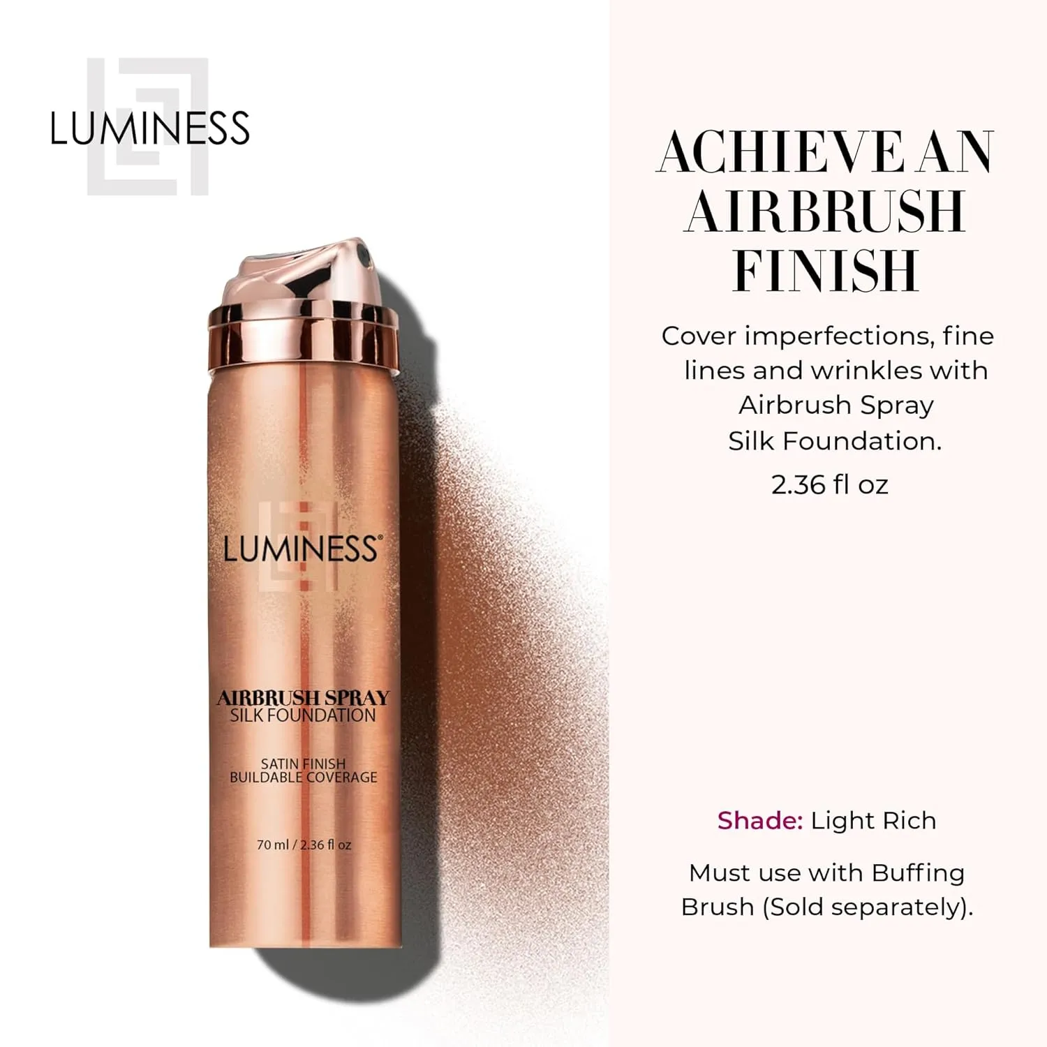 LUMINESS Silk Airbrush Spray Foundation - Full Coverage Foundation - Formula Hydrates & Moisturizes with Hyaluronic Acid, Aloe Vera & Hydrolyzed Silk (Shade - Light Rich)