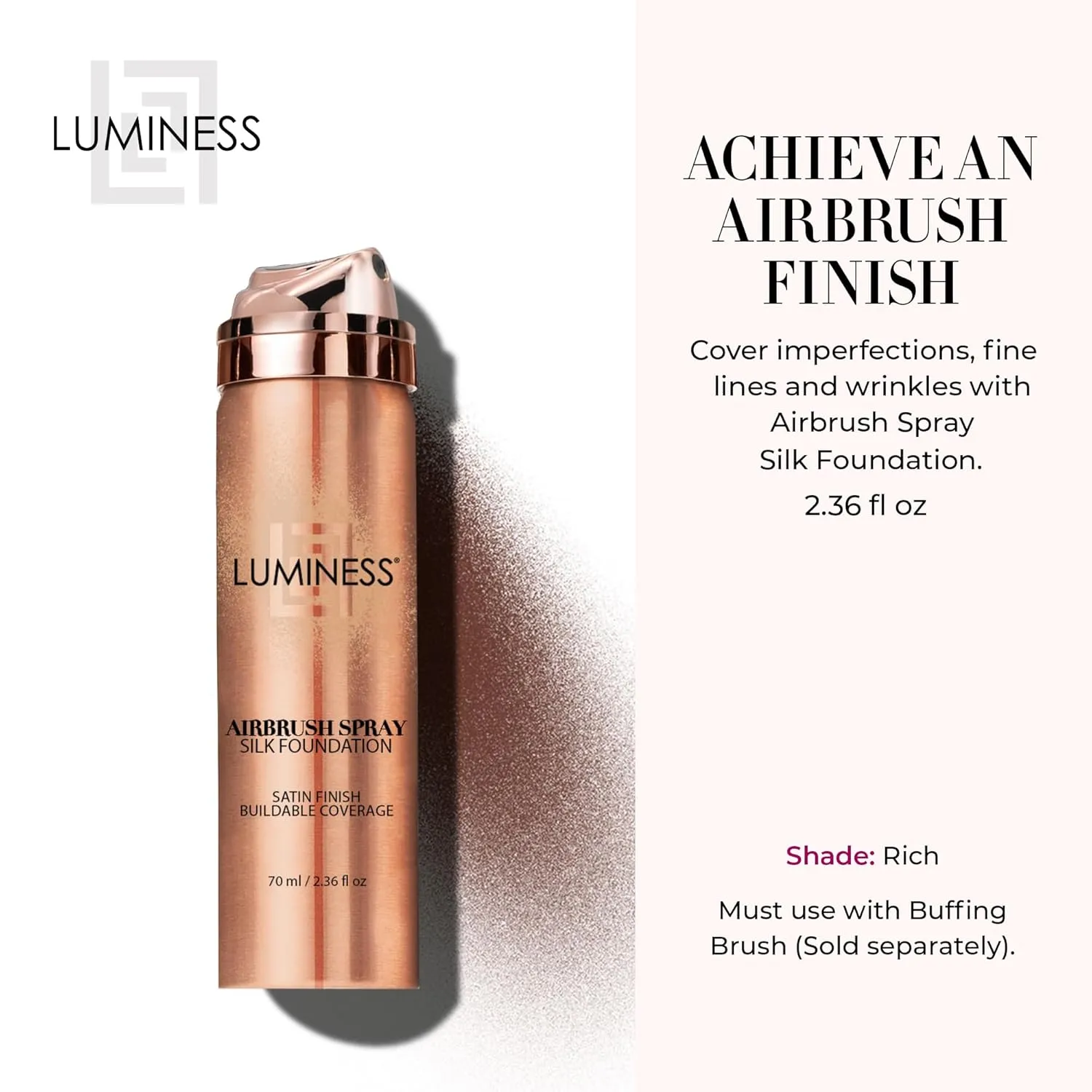 LUMINESS Silk Airbrush Spray Foundation - Full Coverage Foundation - Formula Hydrates & Moisturizes with Hyaluronic Acid, Aloe Vera & Hydrolyzed Silk (Shade - Rich)