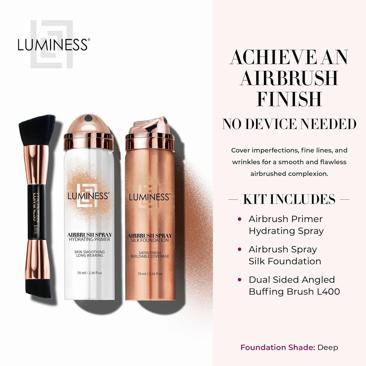 LUMINESS Airbrush Spray Silk Foundation Starter Kit - Deep - Foundation, Primer & Dual-Sided Angled Buffing Brush - Medium, Buildable Coverage, Anti-Aging Formula Hydrates & Moisturizes