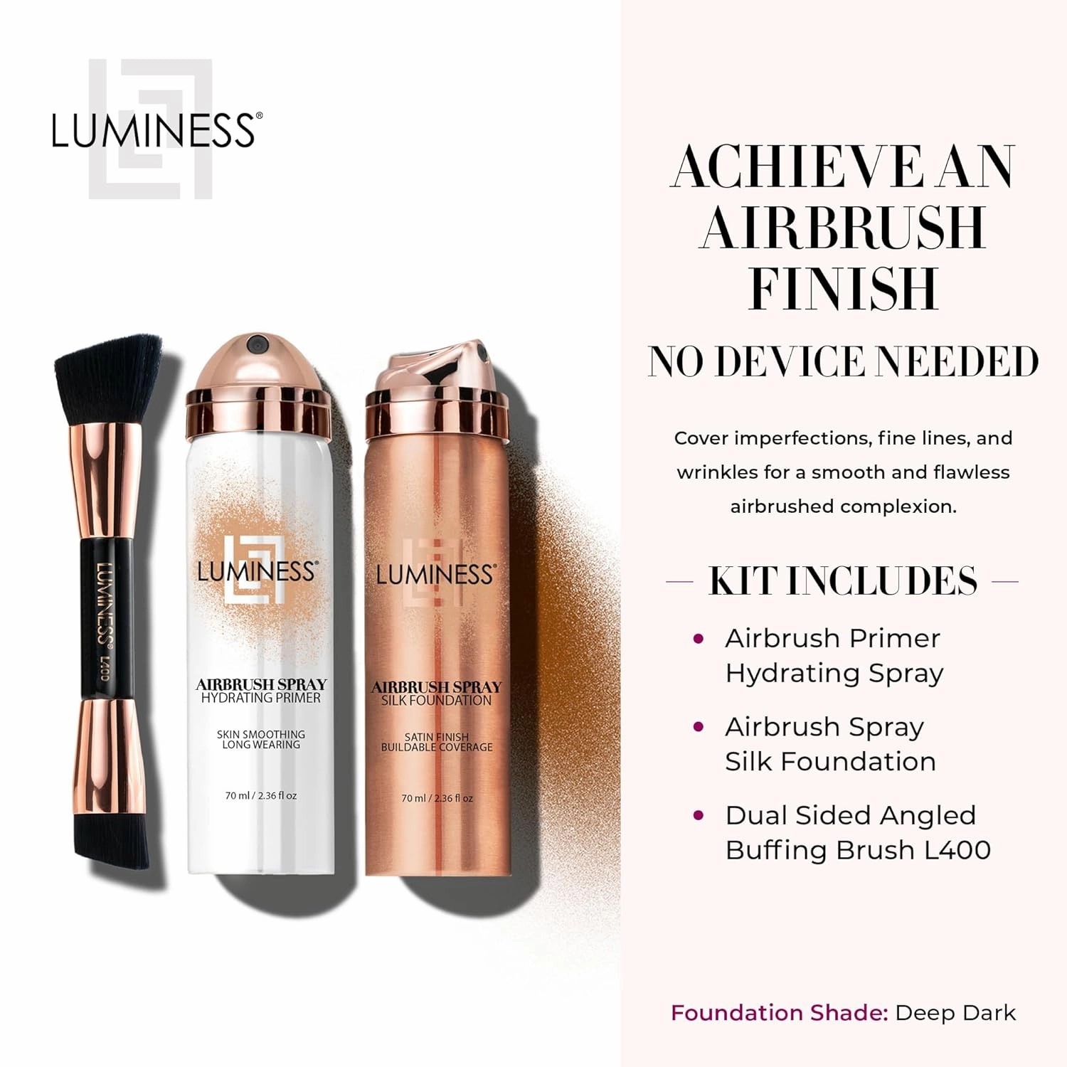 LUMINESS Airbrush Spray Silk Foundation Starter Kit - Deep Dark - Foundation, Primer & Dual-Sided Angled Buffing Brush - Medium, Buildable Coverage, Anti-Aging Formula Hydrates & Moisturizes