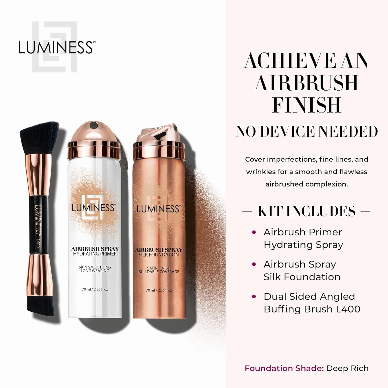 LUMINESS Airbrush Spray Silk Foundation Starter Kit - Deep Rich - Foundation, Primer & Dual-Sided Angled Buffing Brush - Medium, Buildable Coverage, Anti-Aging Formula Hydrates & Moisturizes