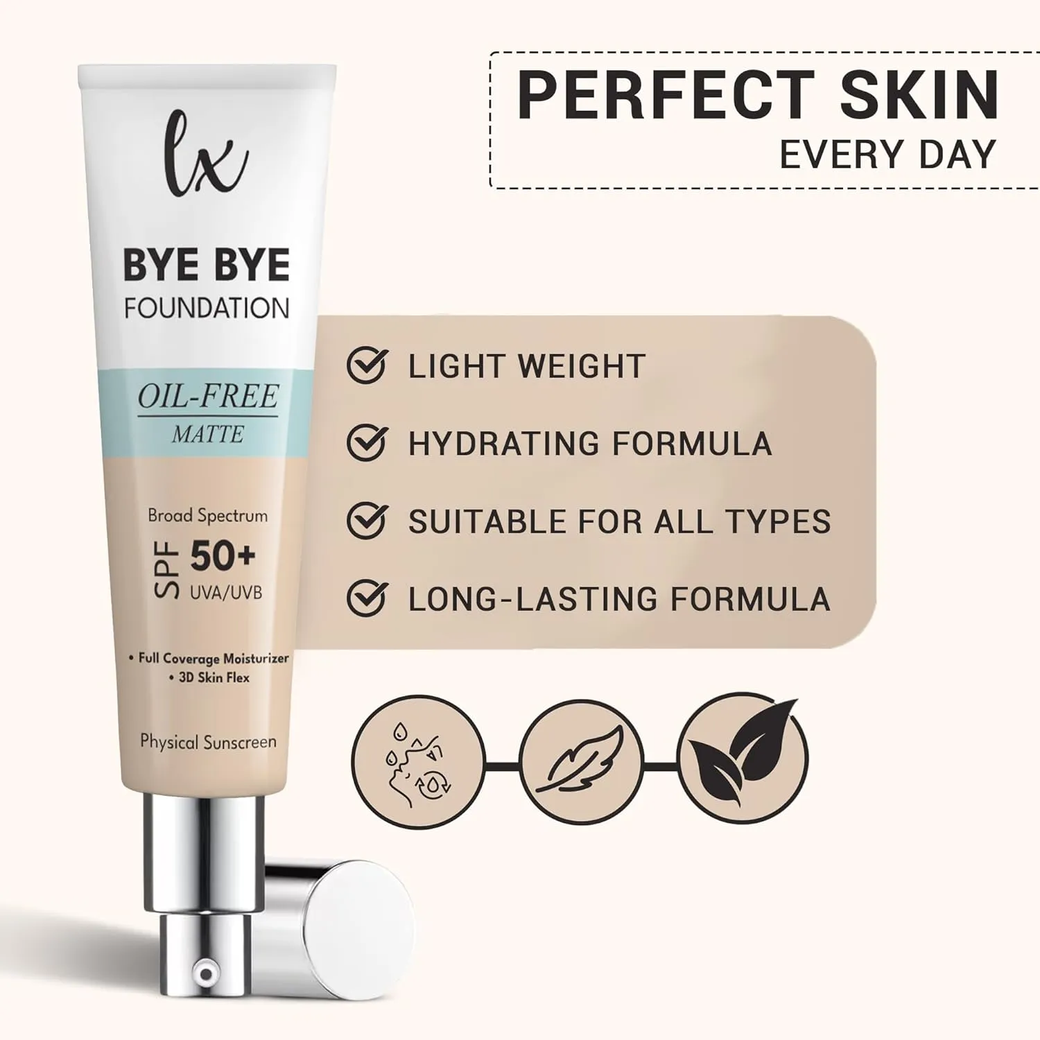 Lx Blend Bye Bye Foundation Oil Free Matte Coverage Moisturizer With SPF 50 (MEDIUM) 1 FL OZ