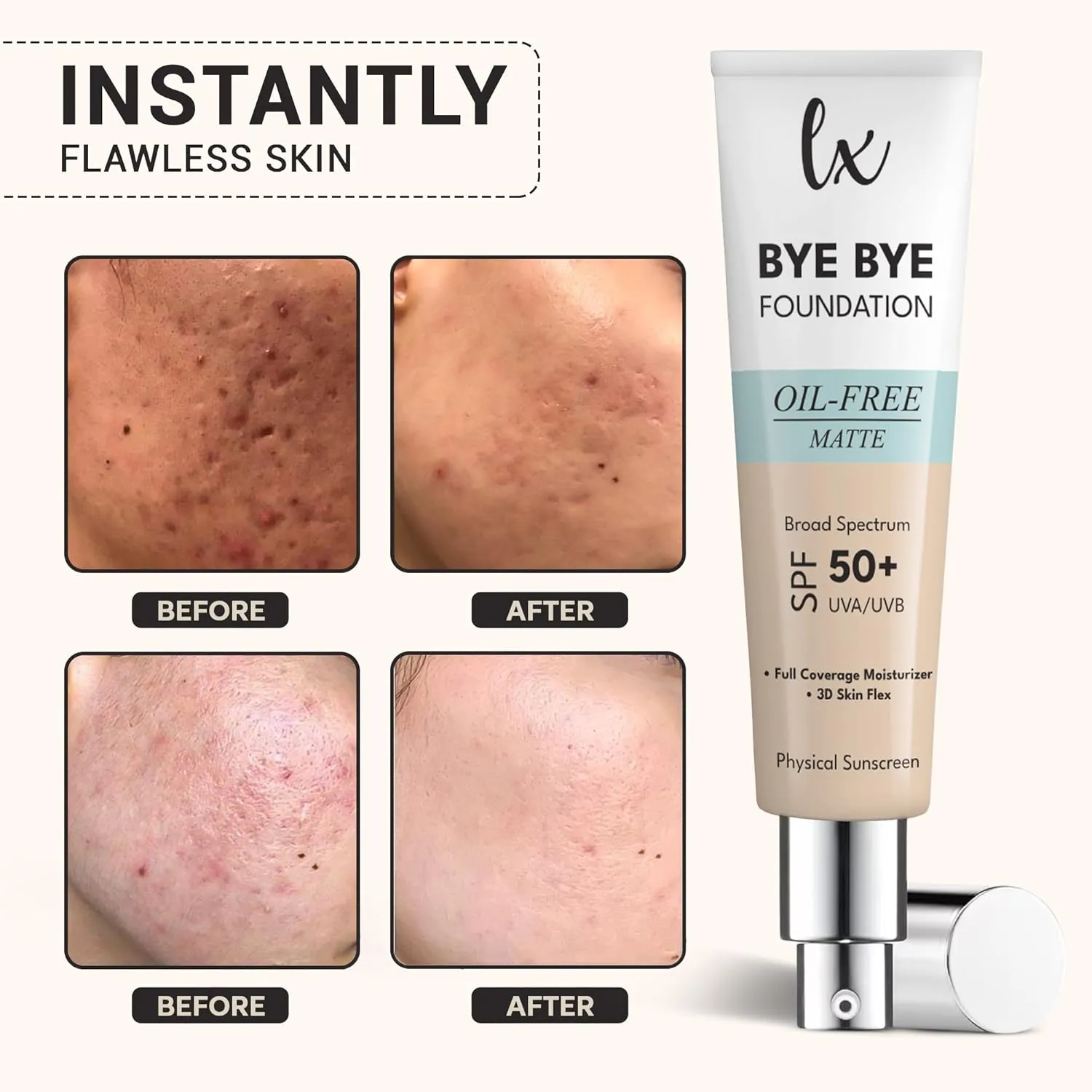 Lx Blend Bye Bye Foundation Oil Free Matte Coverage Moisturizer With SPF 50 (MEDIUM) 1 FL OZ