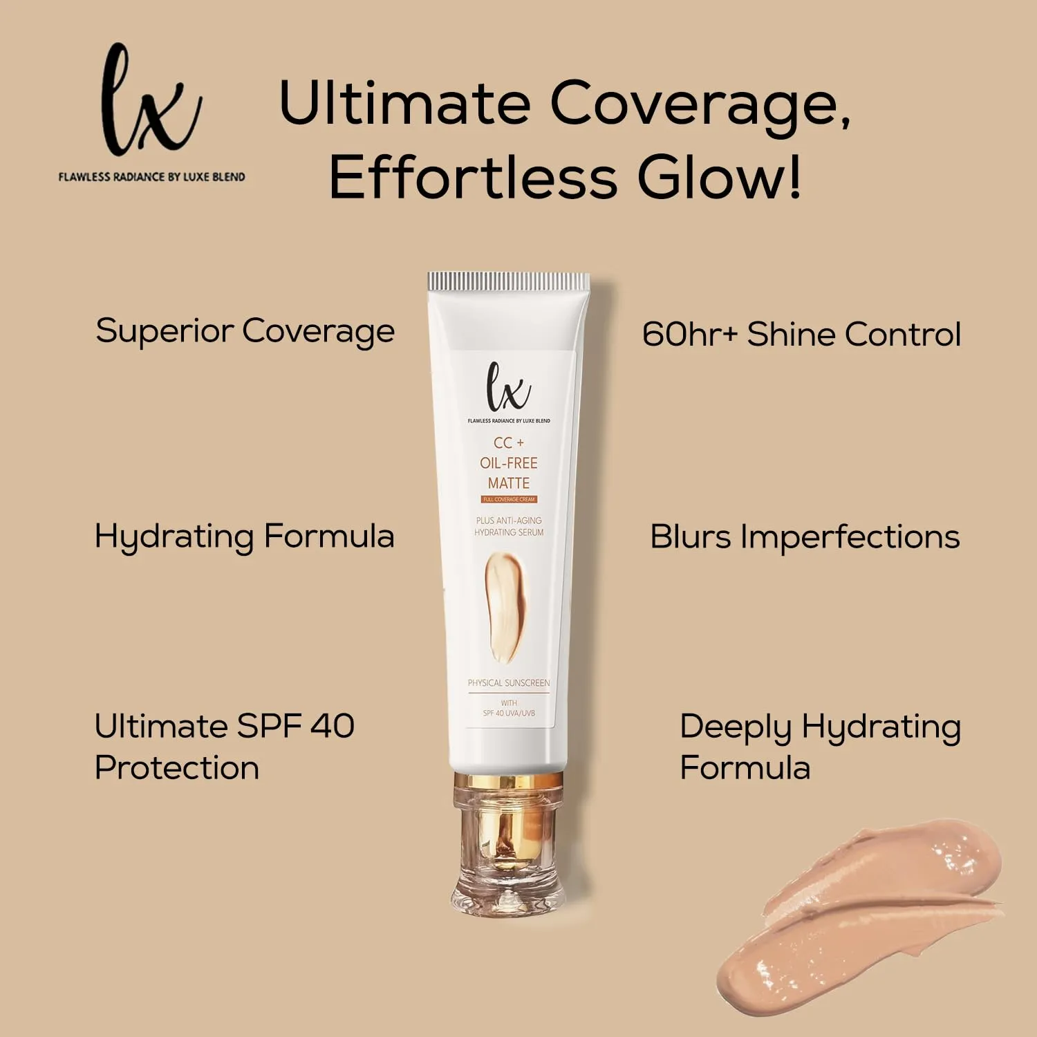 Lx Blend CC  Cream | Oil-Free Matte Foundation with SPF 40 | Full Coverage, Anti-Aging, Long-Wear Hydrating Makeup for Oily Skin | Fragrance-Free, Shine Control, 1.08 FL OZ