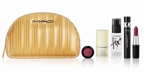 M.A.C Cosmetics Best-Sellers Kit MACximal Silky Matte Lipstick, Dazzleshadow Extreme (Royal Ruby) MACStack Mascara, Mini Fix  Setting Spray, Mini Hyper Real Serumizer and Gilded Clutch Bag