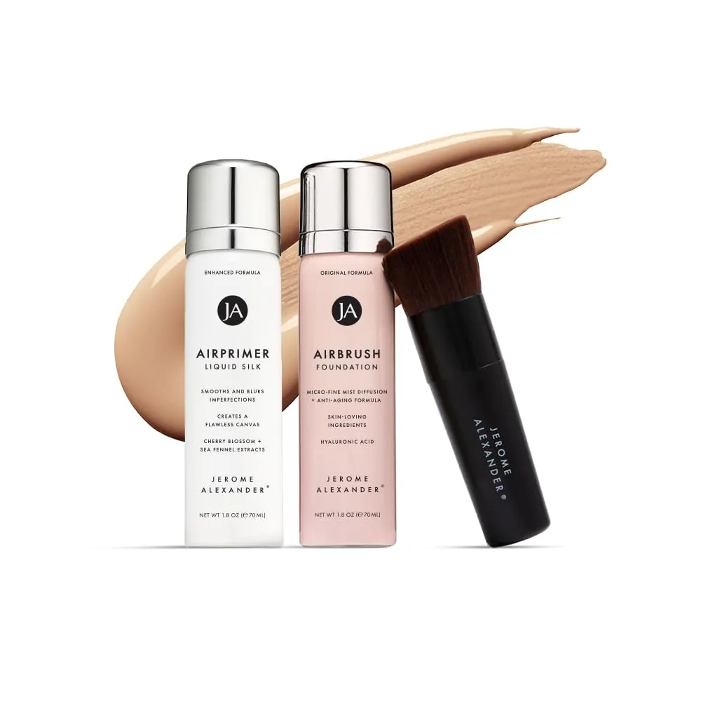 MagicMinerals AirBrush Foundation Set by Jerome Alexander – 3pc Set Includes Primer, Foundation and Kabuki Brush - Spray Makeup with Anti-aging Ingredients for Smooth Radiant Skin (Warm Beige)