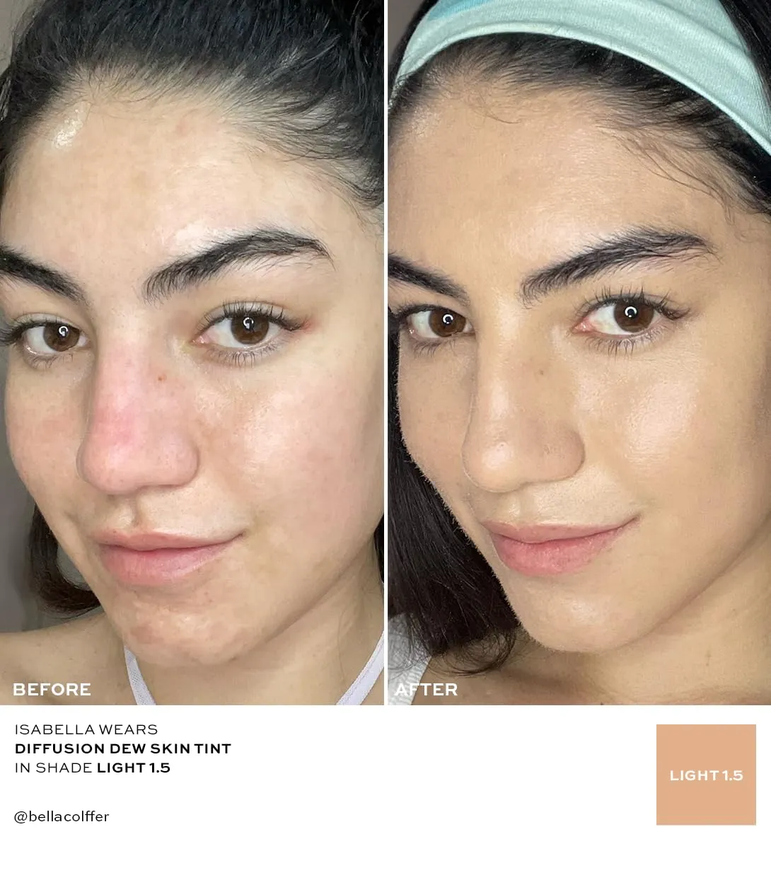 MAKE Beauty Diffusion Dew Skin Tint. Sheer to Medium Coverage Radiant Finish. Blurring, Smoothing, and Brightening for Glowing Complexion. Enhanced with Niacinamide and Adenosine. Light 1.5
