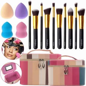Make Up Artists Tools Set/Kit/Lot With 10pcs Various Kabuki Brushes/Applicators, 4 Foundation Sponges/Blenders and 2 Makeup Cosmetics Bags/Boxes/Organizers/Holders