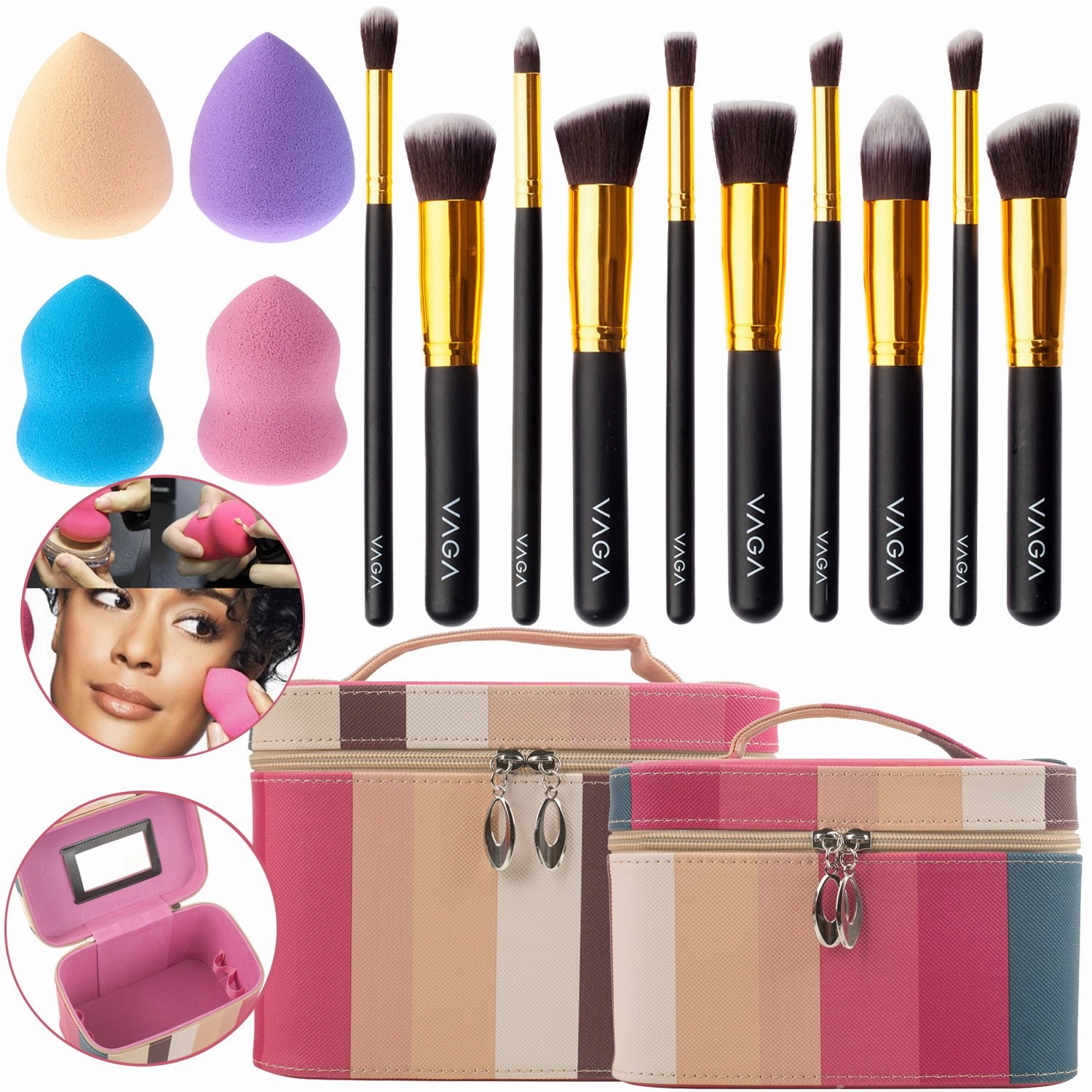 Make Up Artists Tools Set/Kit/Lot With 10pcs Various Kabuki Brushes/Applicators, 4 Foundation Sponges/Blenders and 2 Makeup Cosmetics Bags/Boxes/Organizers/Holders