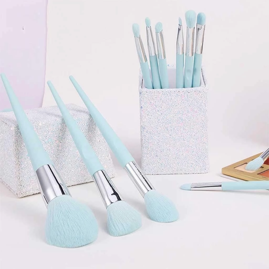 Makeup brush 10 PCS Blue Makeup Brushes Full Set of Large Powder Blush Eye Shadow Makeup Brushes Highlighter Makeup Tools with Pen Hold(Color:Blue)(Blue,one size)