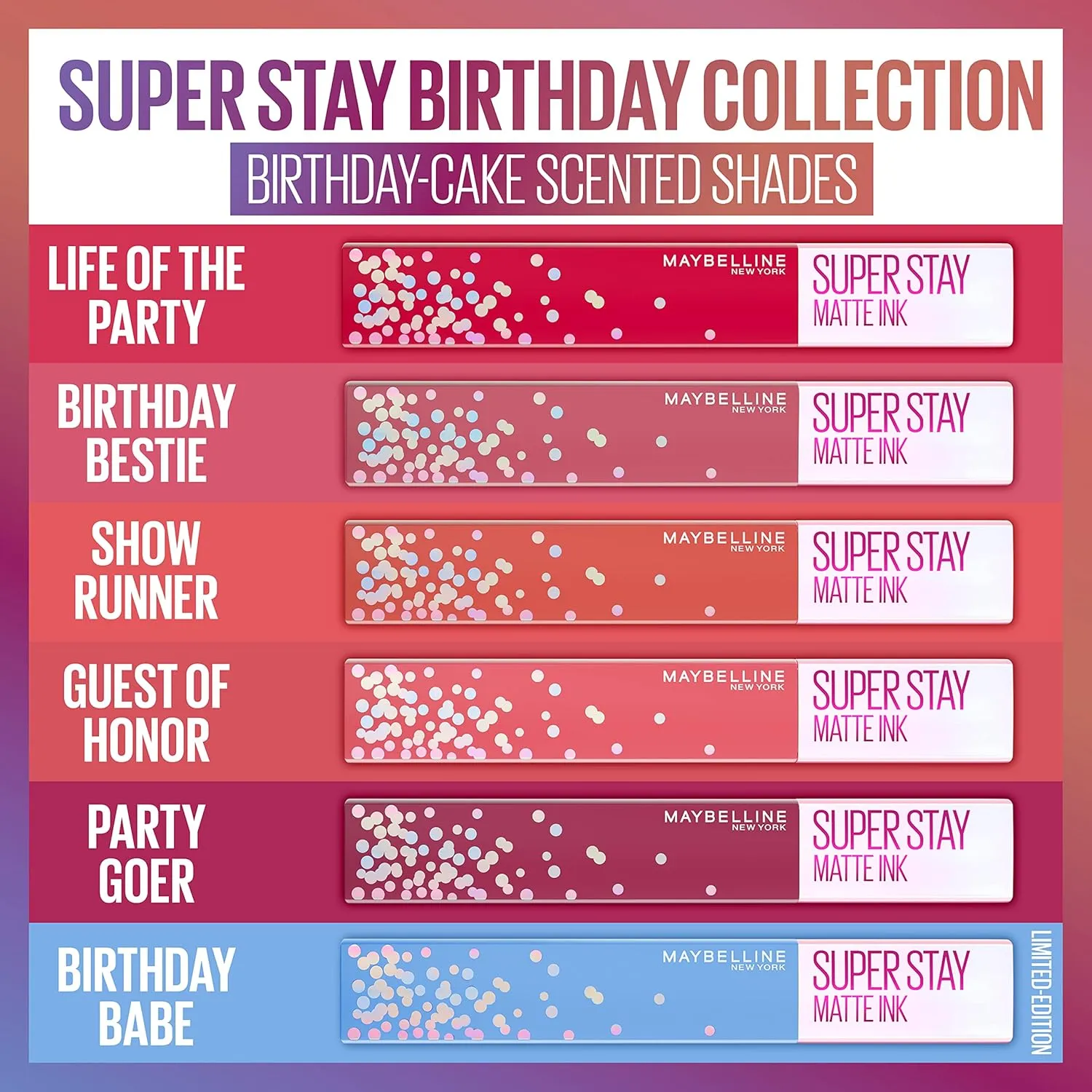 MAYBELLINE New York Super Stay Matte Ink Liquid Lipstick, Transfer-Proof, Long-Lasting, Limited-Edition Birthday-Cake-Scented Shades, Life of the Party, 0.17 Fl Oz