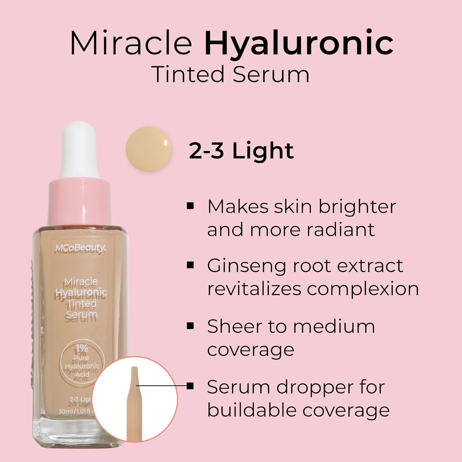 MCoBeauty Miracle Hyaluronic Tinted Serum, 2-3 Light, Hydration & Glow for Radiant Skin, Vegan, Cruelty Free Cosmetics