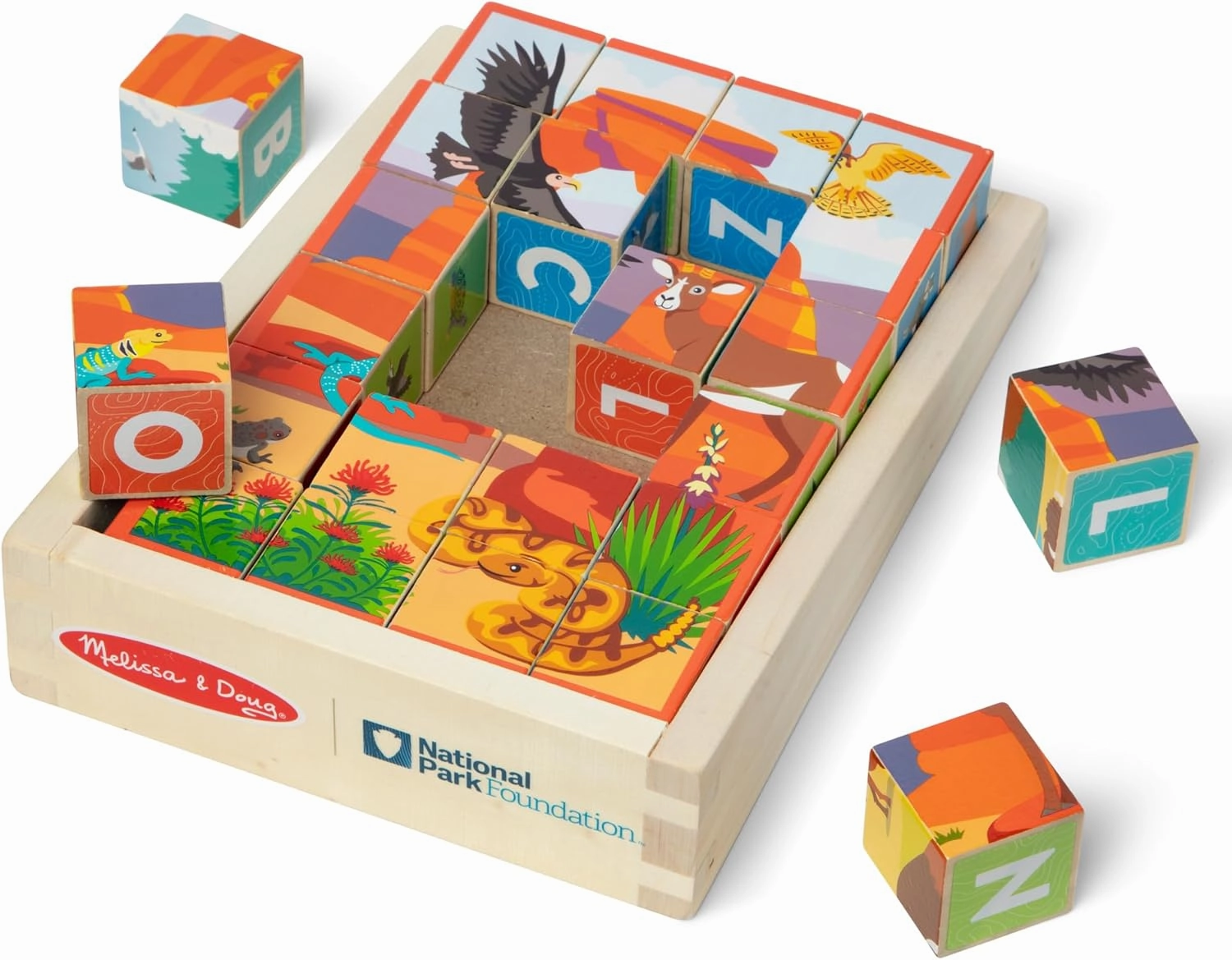 Melissa & Doug National Parks Alphabet & Animals 24-Piece Cube Puzzle (Everglades, Arches, Yellowstone) - FSC Certified