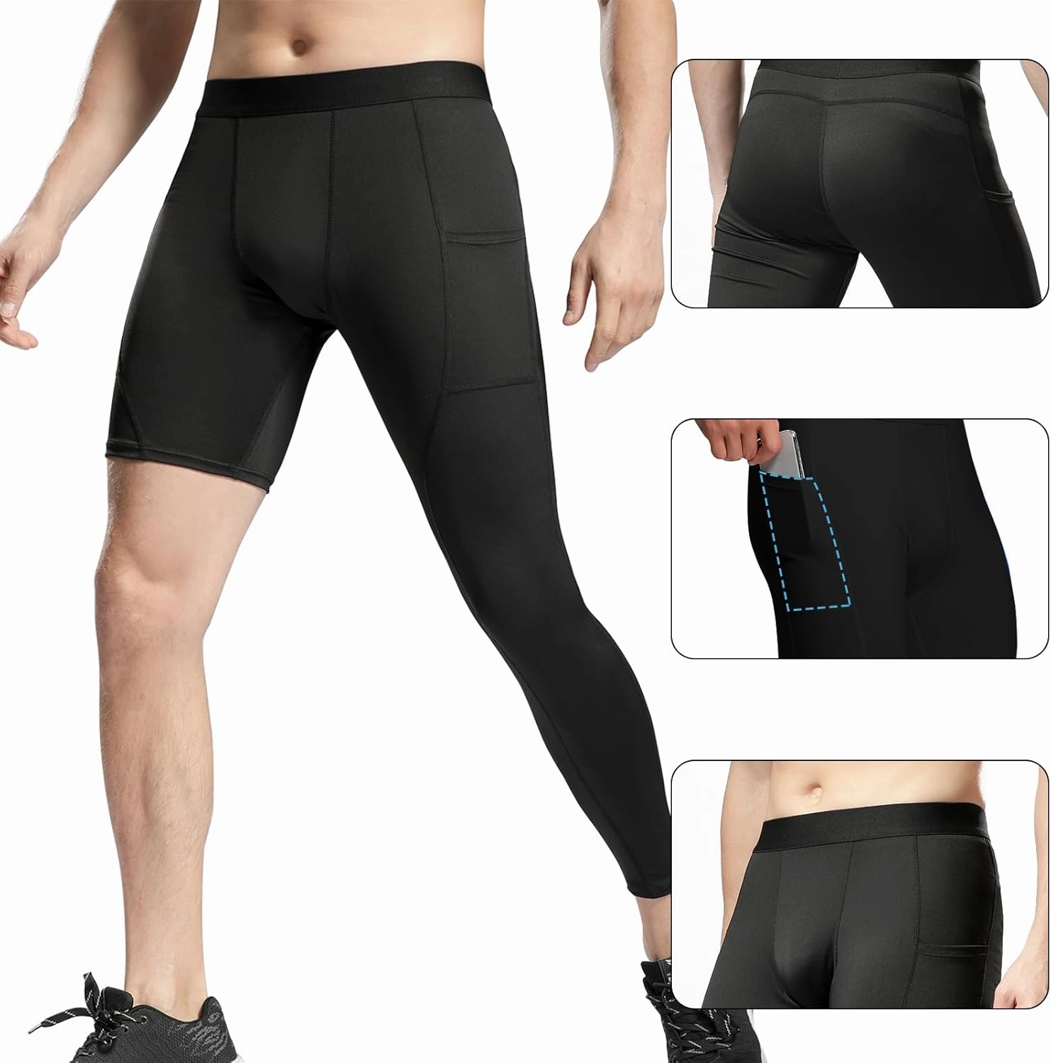 Men’s One Leg Compression Pants Full Length Tight Basketball 1/2 Single Leg Long Pant Base Layer Leggings Underwear