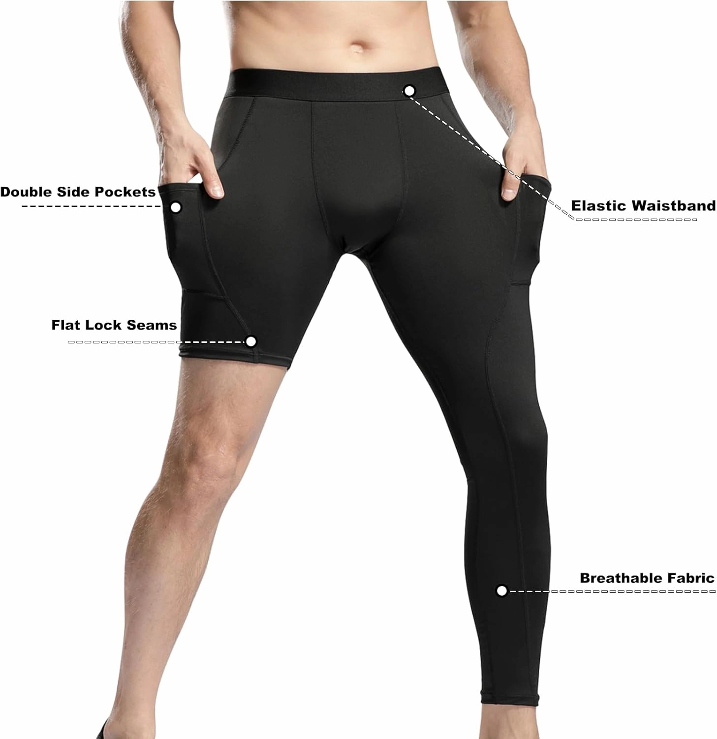 Men’s One Leg Compression Pants Full Length Tight Basketball 1/2 Single Leg Long Pant Base Layer Leggings Underwear