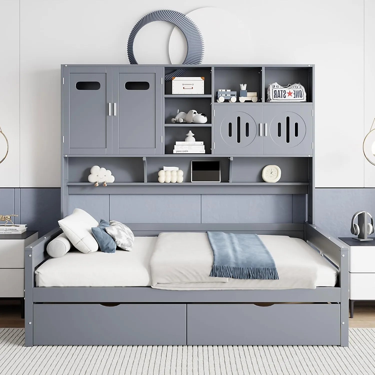 Merax Full Size Daybed, Wooden Full Daybed Frame with 2 Drawers and All-in-One Cabinet and Shelf, No Box Spring Needed, Gray