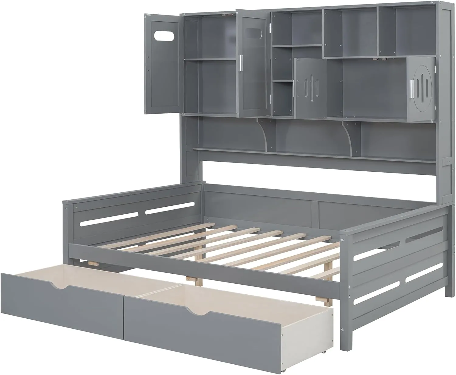 Merax Full Size Daybed, Wooden Full Daybed Frame with 2 Drawers and All-in-One Cabinet and Shelf, No Box Spring Needed, Gray