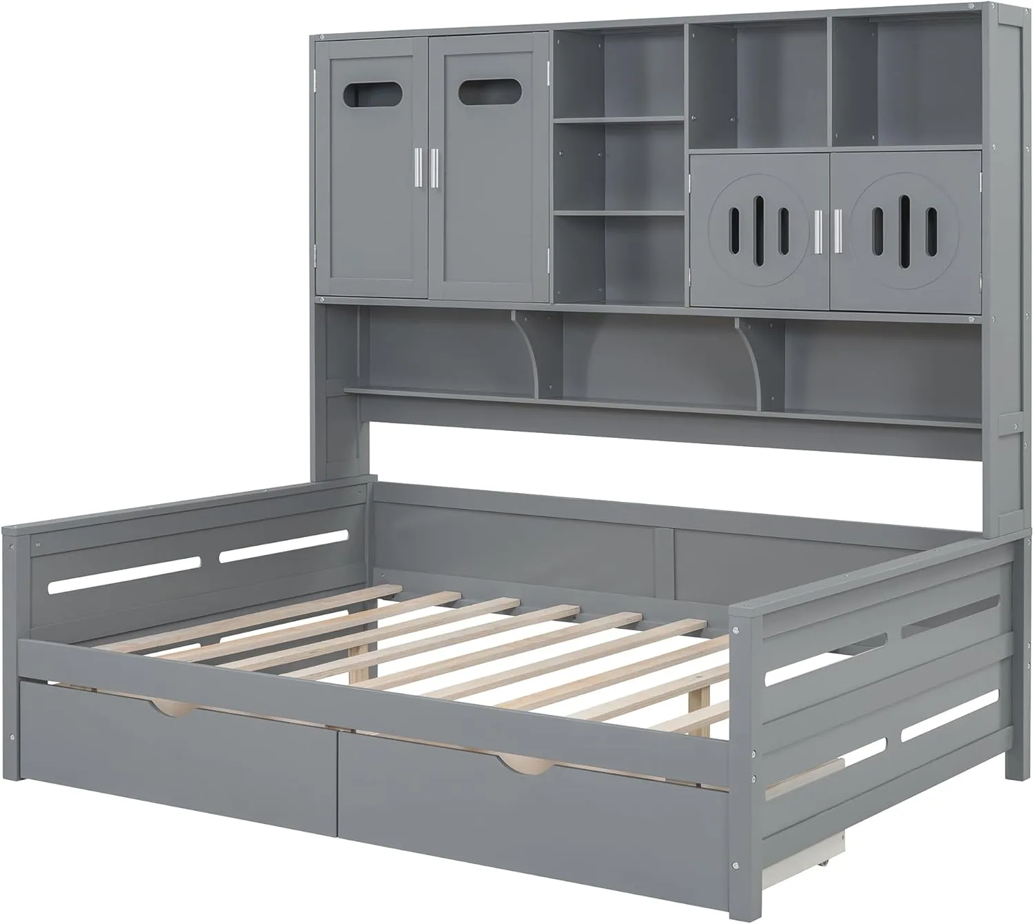 Merax Full Size Daybed, Wooden Full Daybed Frame with 2 Drawers and All-in-One Cabinet and Shelf, No Box Spring Needed, Gray