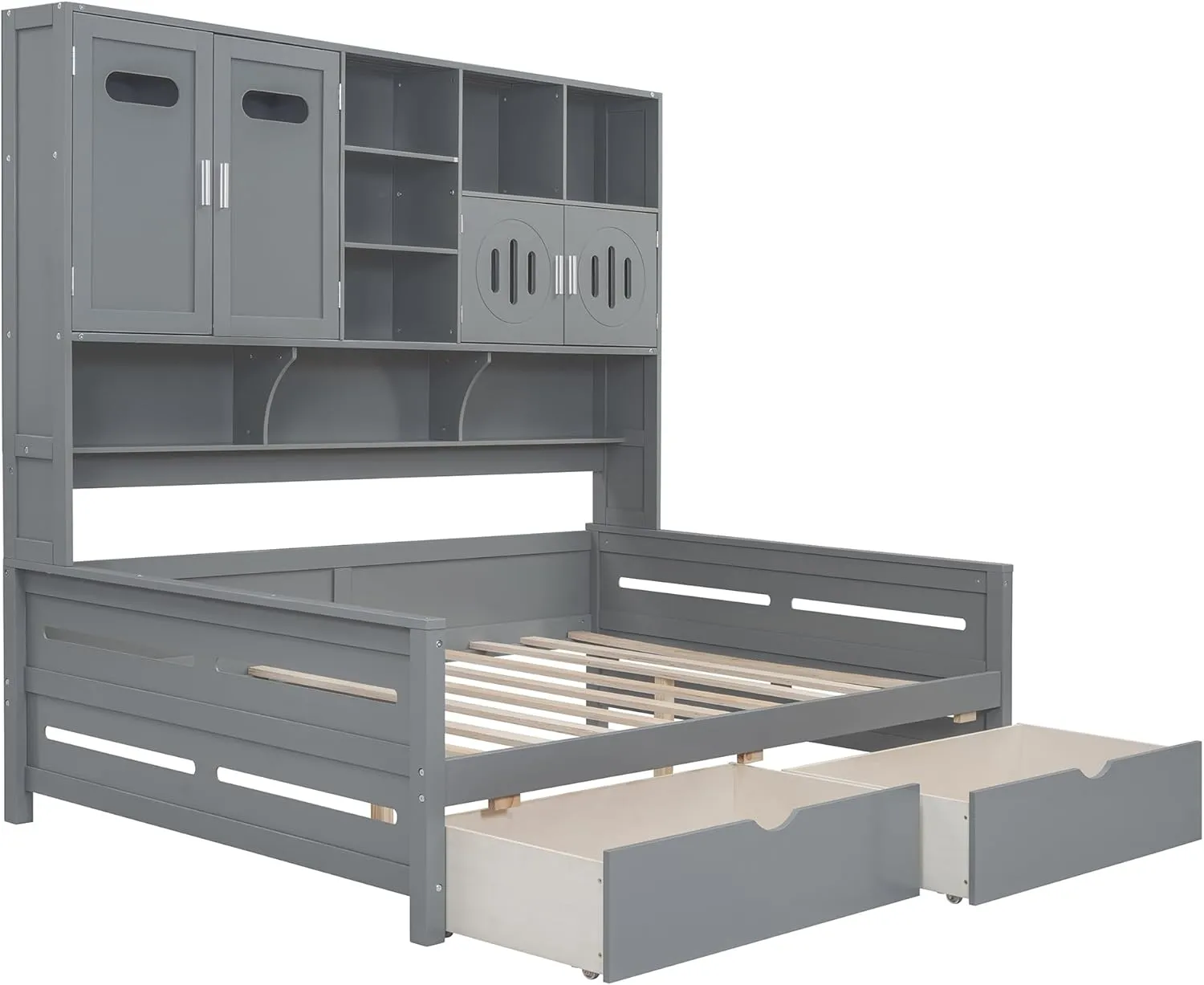 Merax Full Size Daybed, Wooden Full Daybed Frame with 2 Drawers and All-in-One Cabinet and Shelf, No Box Spring Needed, Gray