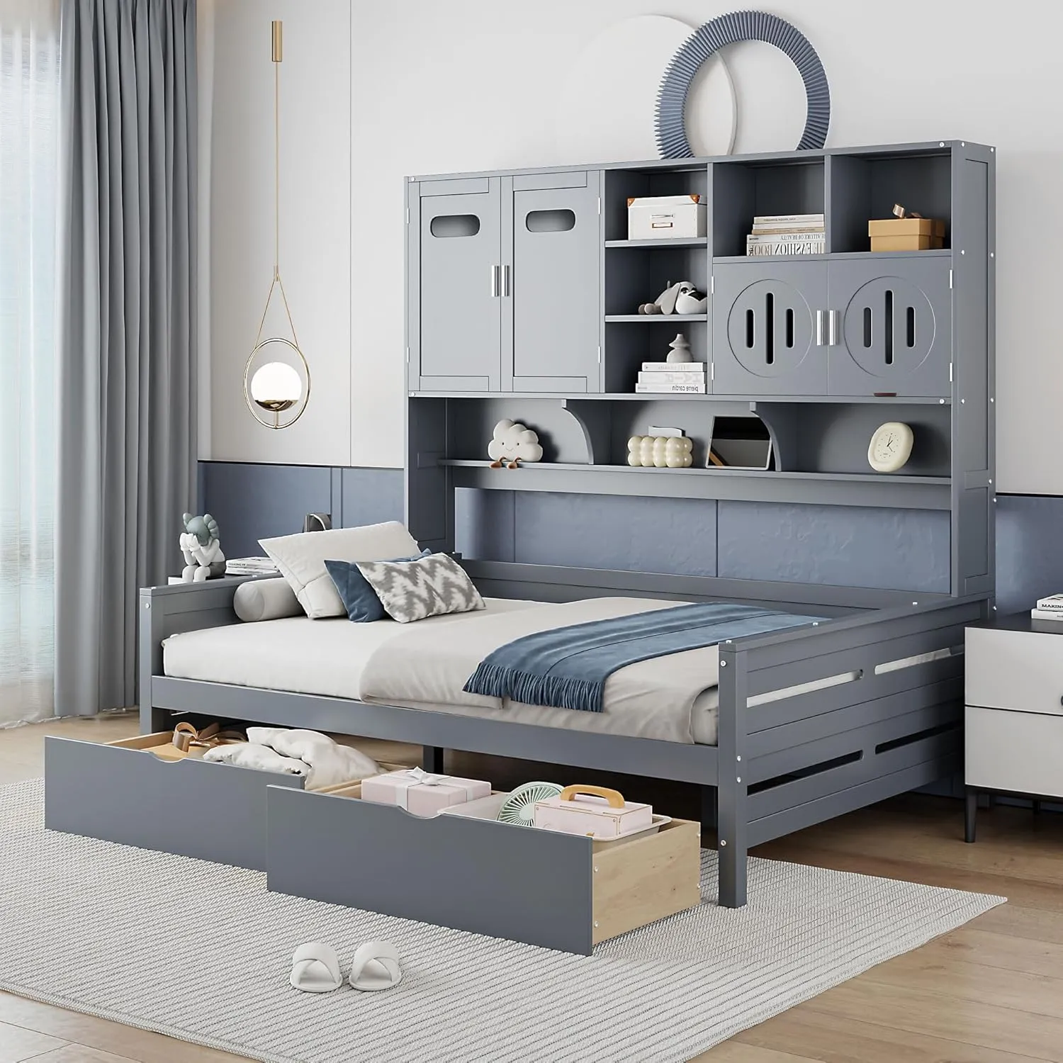 Merax Full Size Daybed, Wooden Full Daybed Frame with 2 Drawers and All-in-One Cabinet and Shelf, No Box Spring Needed, Gray