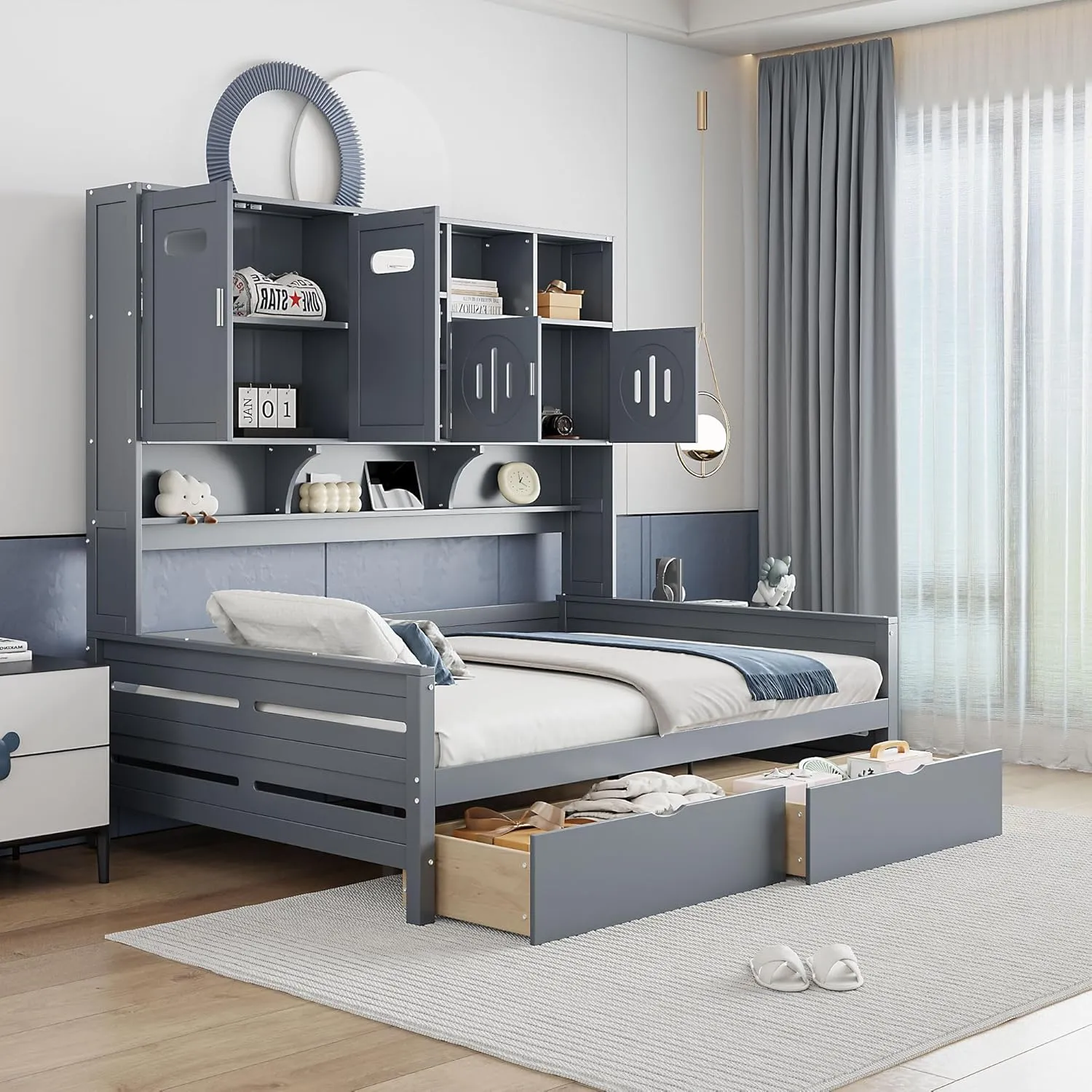 Merax Full Size Daybed, Wooden Full Daybed Frame with 2 Drawers and All-in-One Cabinet and Shelf, No Box Spring Needed, Gray