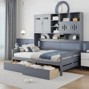 Merax Full Size Daybed, Wooden Full Daybed Frame with 2 Drawers and All-in-One Cabinet and Shelf, No Box Spring Needed, Gray