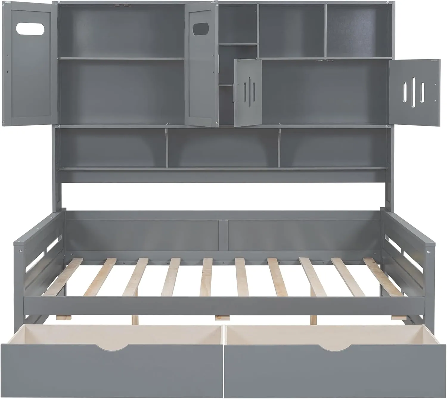 Merax Full Size Daybed, Wooden Full Daybed Frame with 2 Drawers and All-in-One Cabinet and Shelf, No Box Spring Needed, Gray