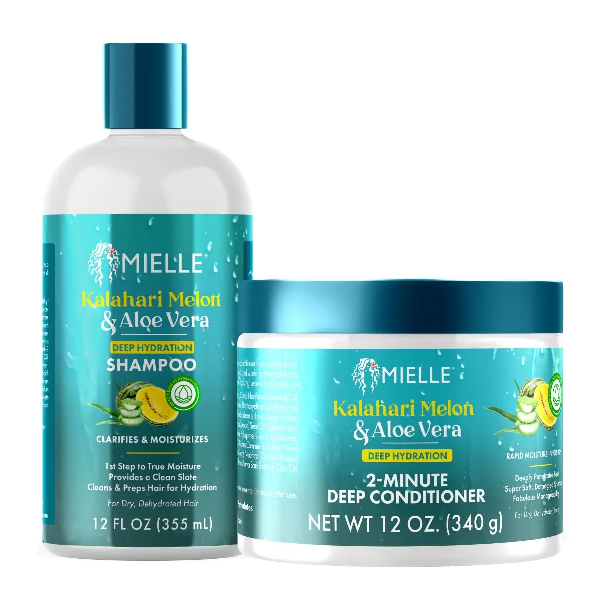 Mielle Kalahari Melon & Aloe Vera Deep Hydration Shampoo & 2-Minute Deep Conditioner Bundle - For Dry, Curly, and Textured Hair