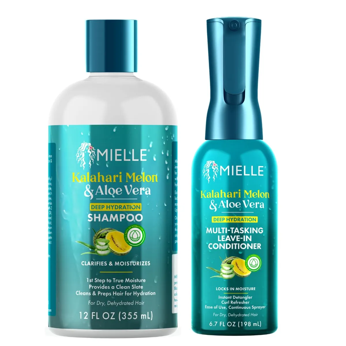 Mielle Kalahari Melon & Aloe Vera Deep Hydration Shampoo & Multi-Tasking Leave-In Conditioner Bundle - For Dry, Curly, and Textured Hair