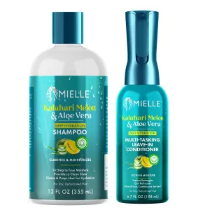 Mielle Kalahari Melon & Aloe Vera Deep Hydration Shampoo & Multi-Tasking Leave-In Conditioner Bundle - For Dry, Curly, and Textured Hair